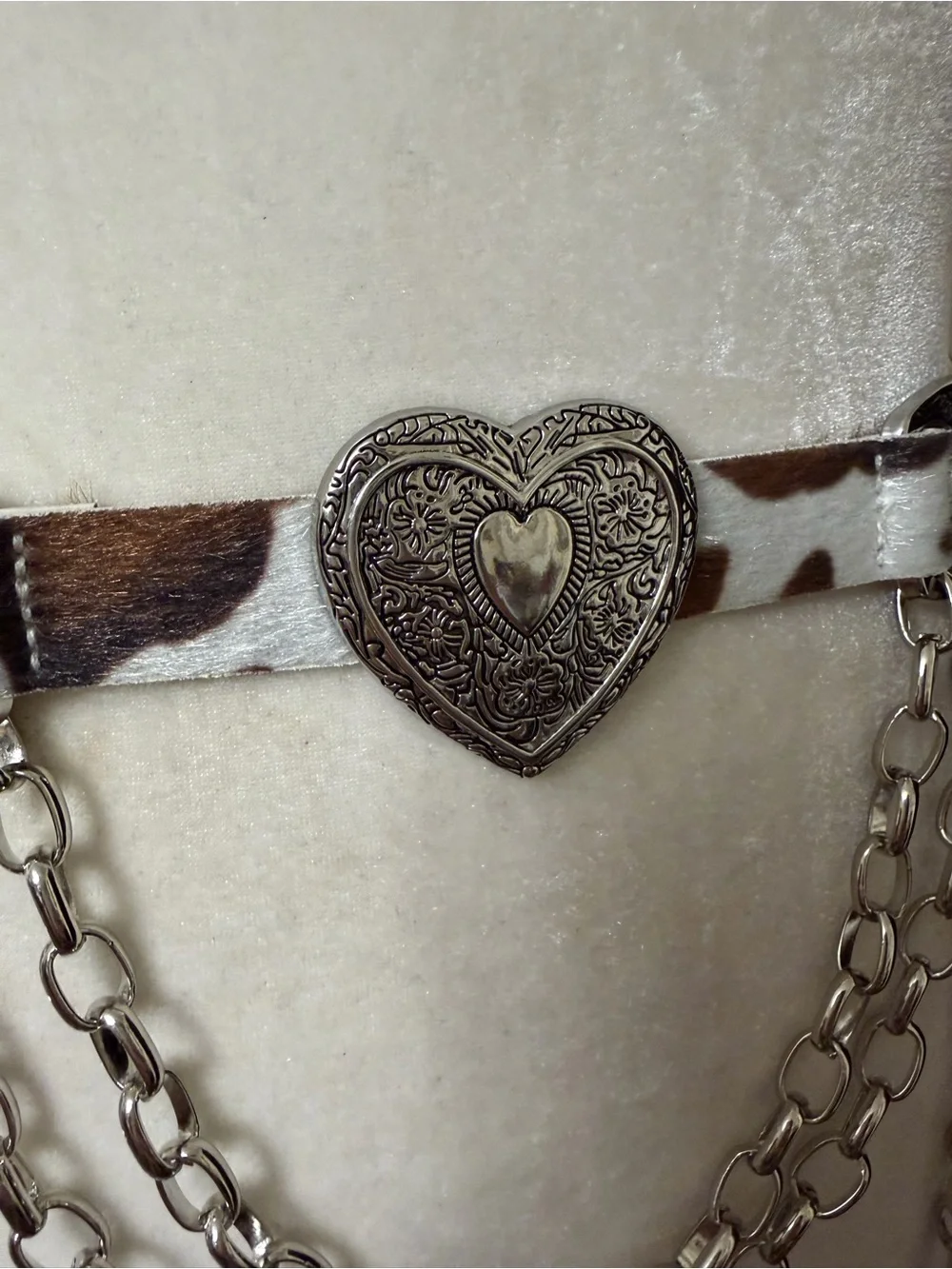 Haute Hippie Cow Print faux fur Hair-on-Hide Heart Chain Belt NWT